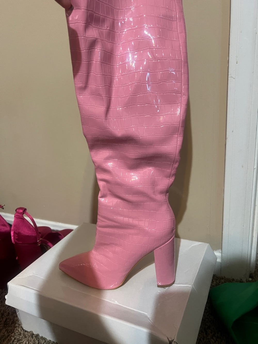 SHEIN Pink Croc-Embossed Over-the-Knee Block Heel Boots